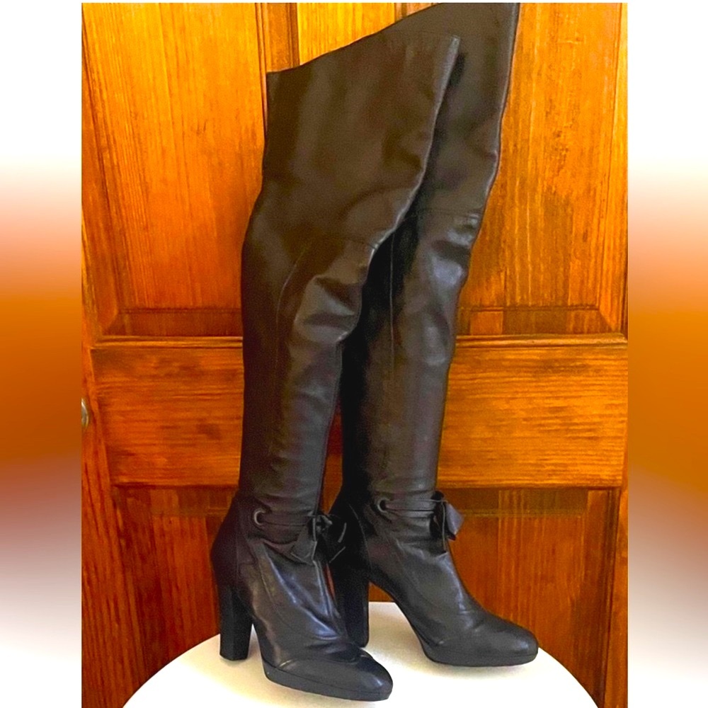 DKNY OTK Over the Knee Black Leather Boots Platform Y2K Victorian Bows 9 RARE! - Picture 4 of 11